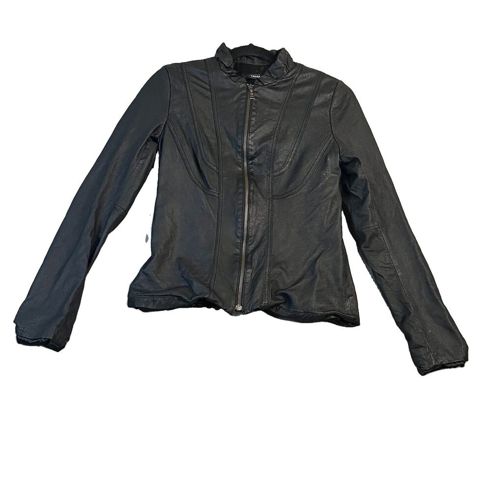 Tahari Lamb Leather Black Moto Jacket Full Zip Model Off Duty Chic Biker XS/S